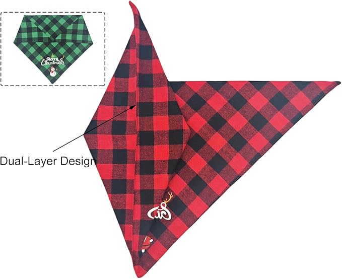 Christmas Dog Bandanas 2PCS-Small,Classic Plaid Triangle Holiday Scarf with Santa and Snowman Prints,Winter Pet Outfit for Boys and Girls,Red Green Plaid Dog Costume for Small Dogs and Cats