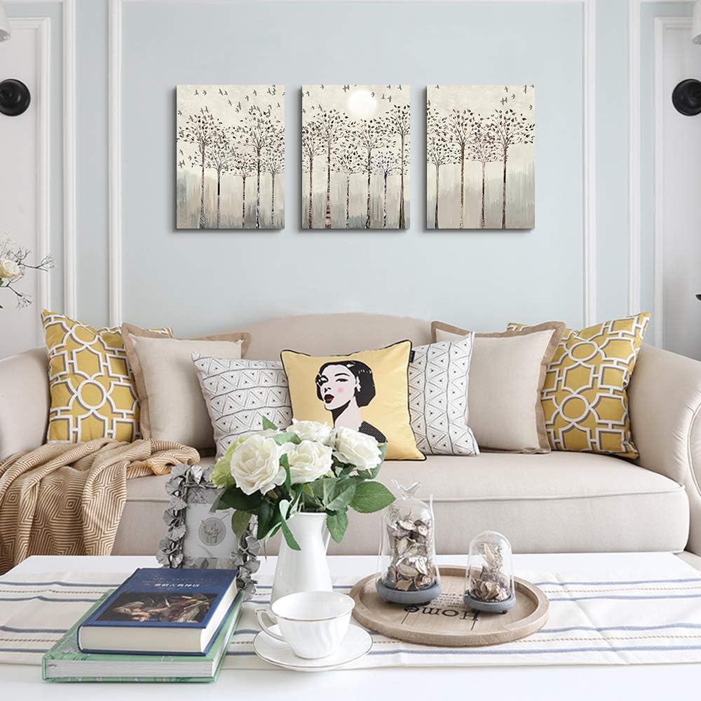Trees And Birds Abstract Paintings Canvas Prints Wall Art For Bedroom Bathroom Wall Decor Office Artworks Pictures Wall Decorations For Living Room,3 Piece Sunrise And Sunset Modern Home Decoration