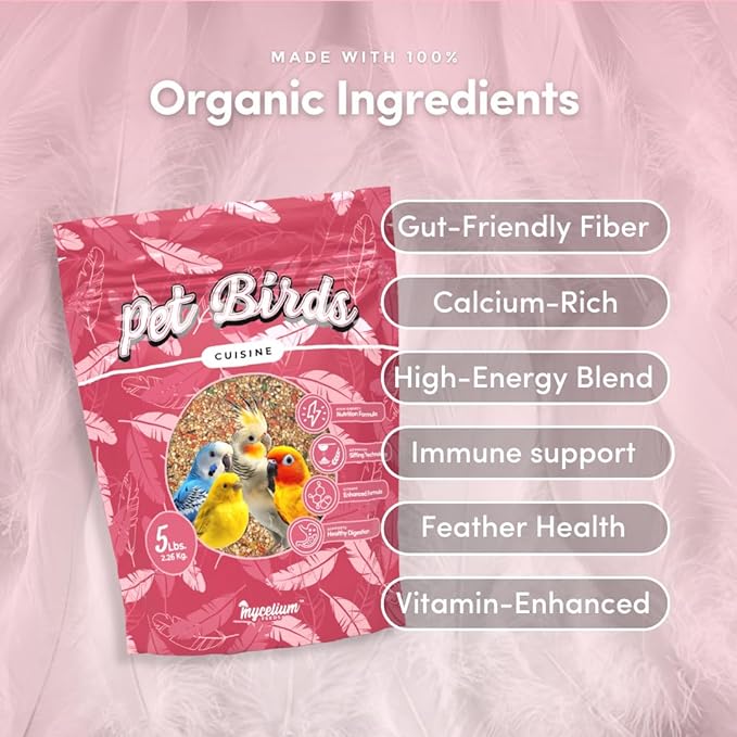 Mycelium Pet Bird Cuisine Bird Food (5 LB Bag) | Organic Parakeet Food, Cockatiel & Lovebird Seed Mix | High Protein, Vitamins & Minerals with Fruits & Vegetables | Non-GMO, USA Made