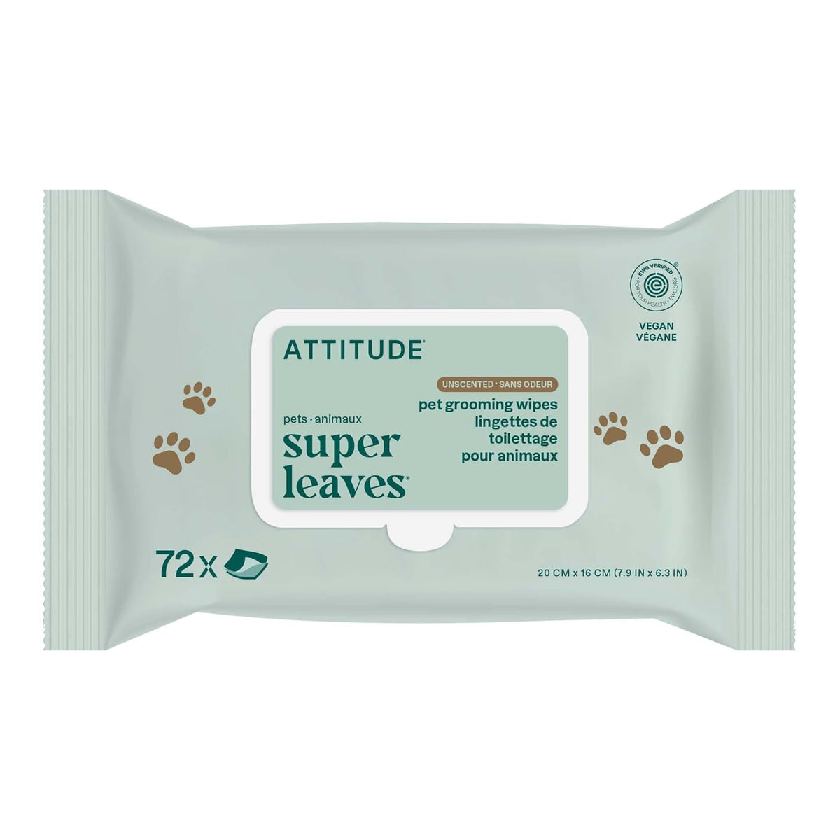 ATTITUDE Pet Wipes for Dogs & Cats, 99% Water, EWG Verified, Gentle & Unscented Cleaning Wipes for Paws, Ears, Face & Body, Deodorizing, Safe for Puppies & Kittens, 72 count