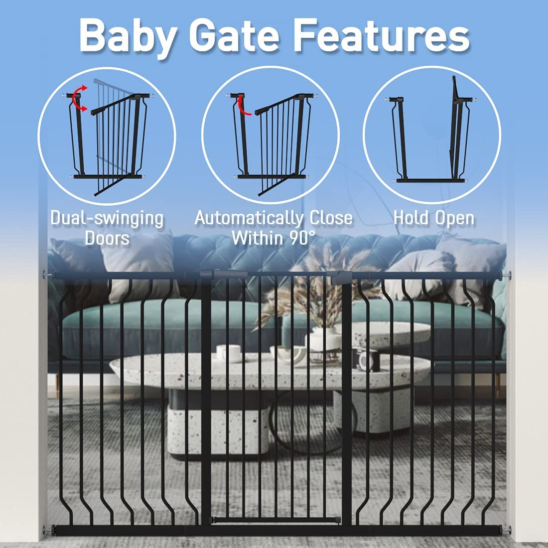 WAOWAO Extra Tall 40.55" Baby Gate 29.53"-32.68" Wide Pressure Mounted Walk Through Swing Auto Close Safety Black Metal Toddler Child Dog Pet for Indoor Stairs,Doorways,Kitchen