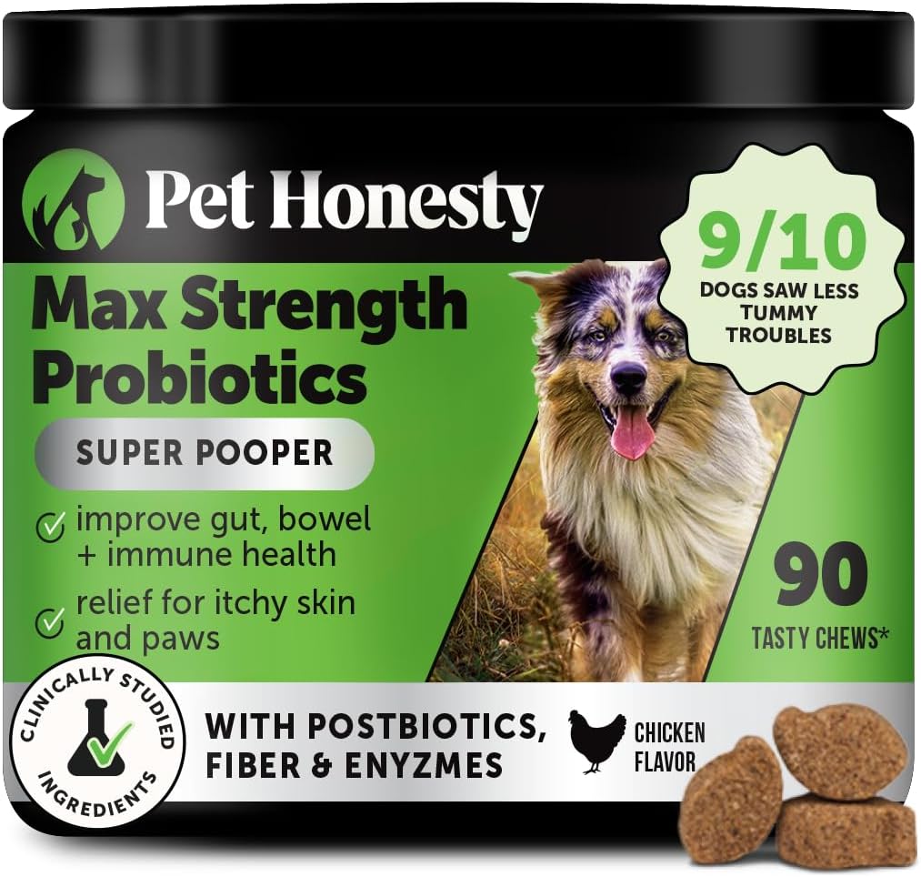 Max Strength Probiotics for Dogs - Super Pooper Dog Stool Hardener with Fiber & Digestive Enzymes, Reduce Occasional Diarrhea for Firm Perfect Poops (90 Ct)
