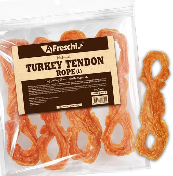 A Freschi srl Turkey Tendons for Dogs, USA-Sourced, Healthy Dog Treats, Rawhide-Free Puppy Chews, Long Lasting, All Natural, Hypoallergenic Dog Treats for Large Breeds, 10 oz Pack Rope (L)