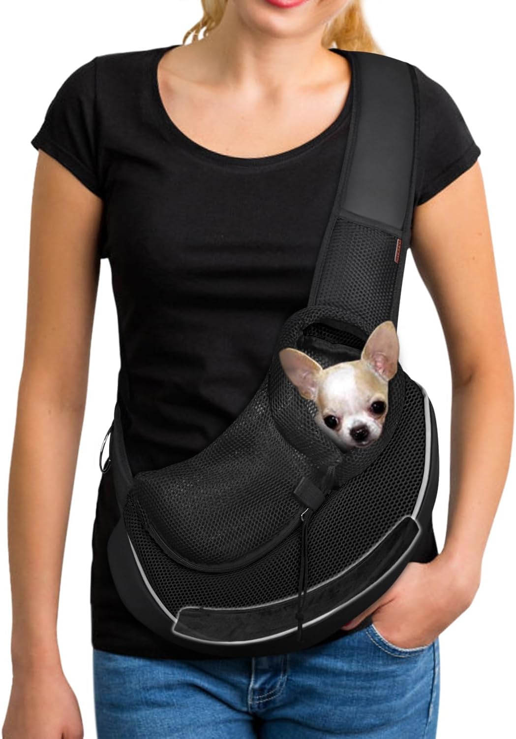 YUDODO Pet Sling Carrier for Small Dogs & Cats – Hands-Free Puppy Carrier with Safety Hook, Large Zipper Pocket, Soft Breathable Mesh, Adjustable Strap & Reflective Strip (Black 3.0 S)