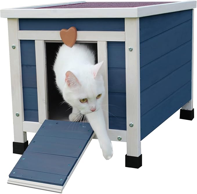 Rockever Outdoor Cat House,Outdoor cat Houses for Feral Cats Weatherproof Rabbit Hutch Small, Wooden Small Pet House and Habitats-Blue