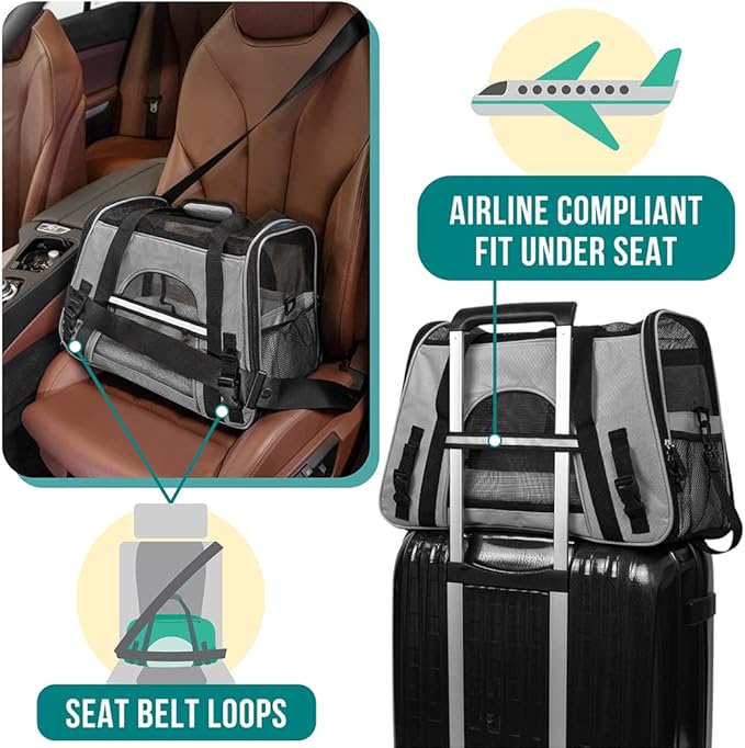 PetAmi Airline Approved Pet Carrier for Cat, Soft Sided Dog Carrier for Small Dogs, Cat Travel Supplies Accessories for Indoor Cats, Ventilated Pet Carrying Bag Medium Large Kitten Puppy, Small Gray