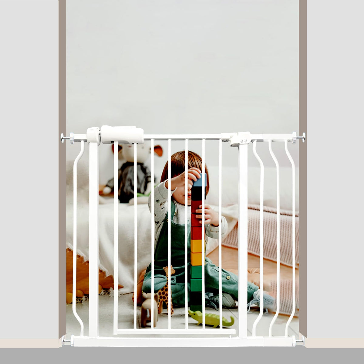 Walk Through Baby & Dog Gate 29-38.5 Inch, Pressure Mounted No Drilling, Adjustable Indoor Safety Gate for Stairs & Doorways - Metal Design for Kids and Pets, White