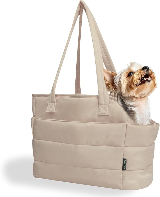 Lightweight Dog Purse Carrier for Small Dogs Under 15 lbs, Puffy Quilted Pet Carrier Tote for Puppies with Safety Leash Clip, Women's Hands-Free Dog Carrier Bag for Travel/Shopping (Brown)