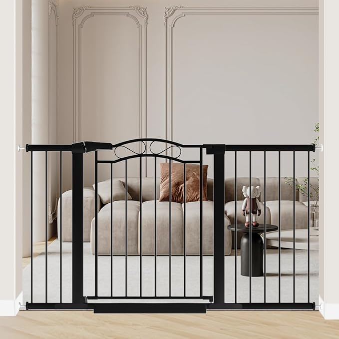 Fairy Baby 54.4"-57.0" Extra Wide Baby Gate with Door, 55 56 57 Inches Walk THR Baby Gates for Stairs Pressure Mounted no Drill, Indoor Tension Metal Child Pet Dog Safety Gate for Kids, Black
