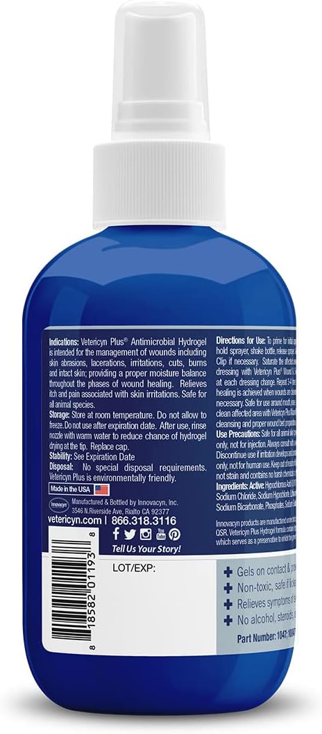 Vetericyn Plus Dog Wound Care Hydrogel Spray | Healing Aid and Wound Protectant, Sprayable Gel to Relieve Dog Itchy Skin, Safe for All Animals. 3 Ounces