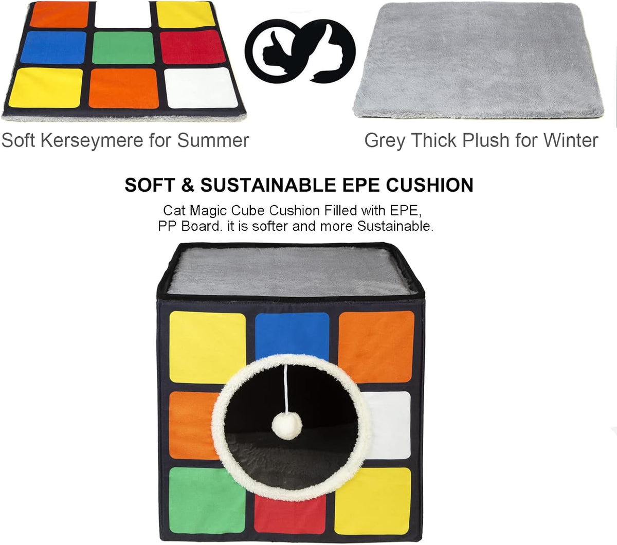 LUCKITTY Cat Condo House with Reversible Cushions and Fluffy Ball Hanging, Foldable Magic Cube, Large Cave Bed for Indoor Cats, Unique Puzzle Shape 15.7“ x 15.7" x 13.4”