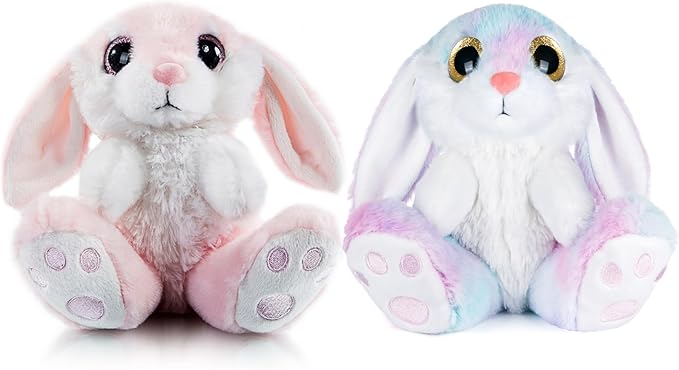 My OLi Bunny Stuffed Animal Pack of 2 Plush Rabbit 7in Stuffed Bunny with Floppy Ear Bedtime Friend Soft Toy Gifts for Girls Boys Kids, Pink & Rainbow
