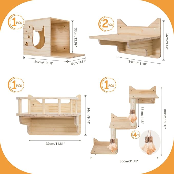 Wall-Mounted Cat Shelves for Large Cats – 9-Piece Pine Wood Cat Furniture with Scratching Posts, Ladder & House – Indoor Modern Climbing Wall Gym for Cats