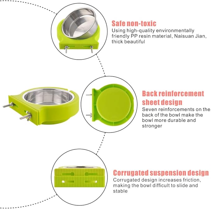 Crate Dog Bowl Removable Stainless Steel Water Food Feeder Bowls Cage Coop Cup for Cat Puppy Bird Pets (Small, Green with Corrugated Clip)