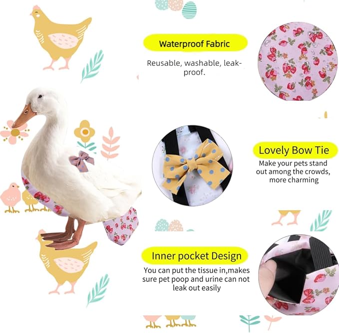 MANON ROSA Chicken Diapers Bantam Hens - Reusable 3-Piece Set with Bow Ties Poultry Nappies Washable Waterproof for Geese Pet Ducks Silkie (Graphic M)