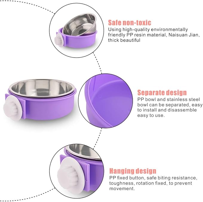 Crate Dog Bowl Removable Stainless Steel Water Food Feeder Bowls Cage Coop Cup for Cat Puppy Bird Pets (Large, Purple)