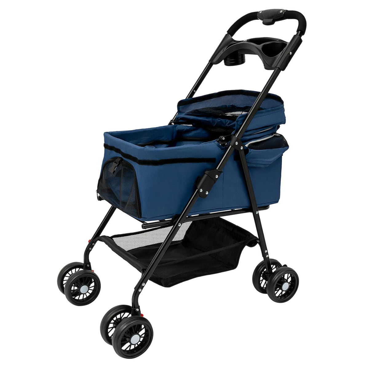 Pet Stroller, 4 Wheels Dog Cat Carrying Cart, Foldable Puppy Carrier with Storage Bag and Detachable Grid Structure for Small/Medium Dogs Cats Up to 44Lbs (Blue)