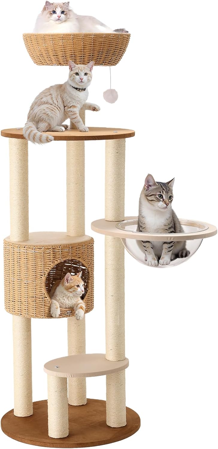 Heavy Duty Cat Tree with Scratching Post,Capsule,Basket,and Bed Modern Tall Cat Condo for Indoor Large