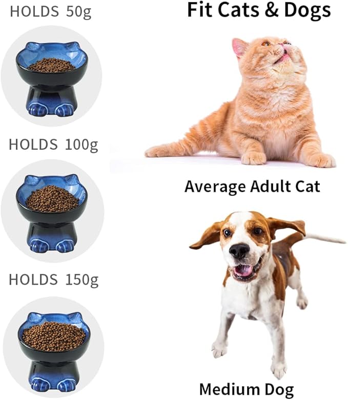 Nihow Elevated Cat/Dog Bowls Set : 6.2 Inch Ceramic Raised Cat Food & Water Bowl Set for Protecting Pet's Spine - Feeding & Watering Supplies for Cat/Small Size Dog - Elegant Blue & Black (2 PC)