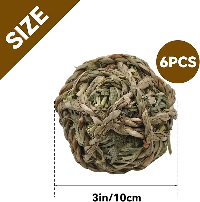 kathson 6 Pcs Rabbit Chew Grass Balls,Bunny Grass Toy Handmade Timothy Hay Ball Small Animal Treats Teeth Grinding Chews for Rabbits Chinchillas Guinea Pigs Hamsters Mice Gerbils