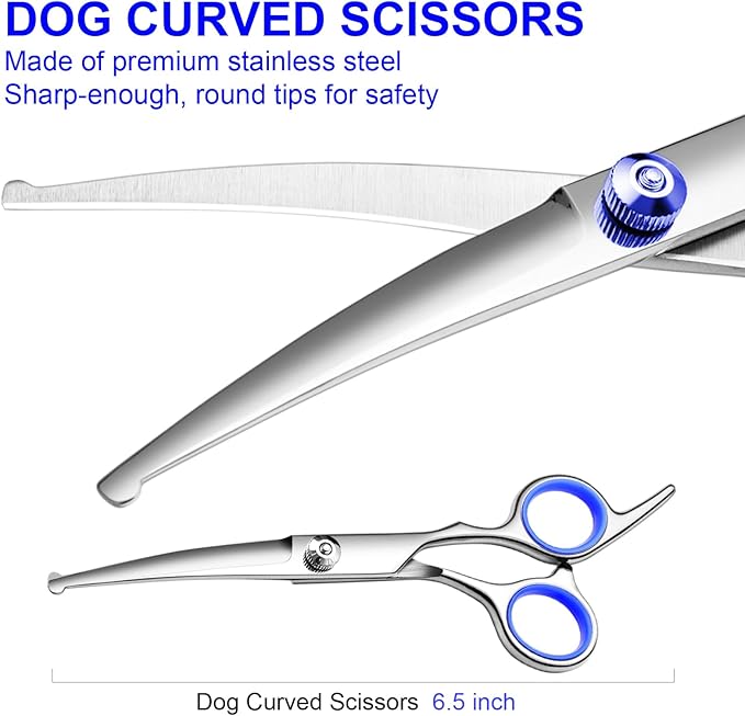 Professional Dog Grooming Scissors Kit, Titanium Coated Dog Scissors for Grooming, Grooming Shears Kit - Straight,Thinning, Curved Scissors and Comb for Dog Cat Pet (Blue 5 in 1)