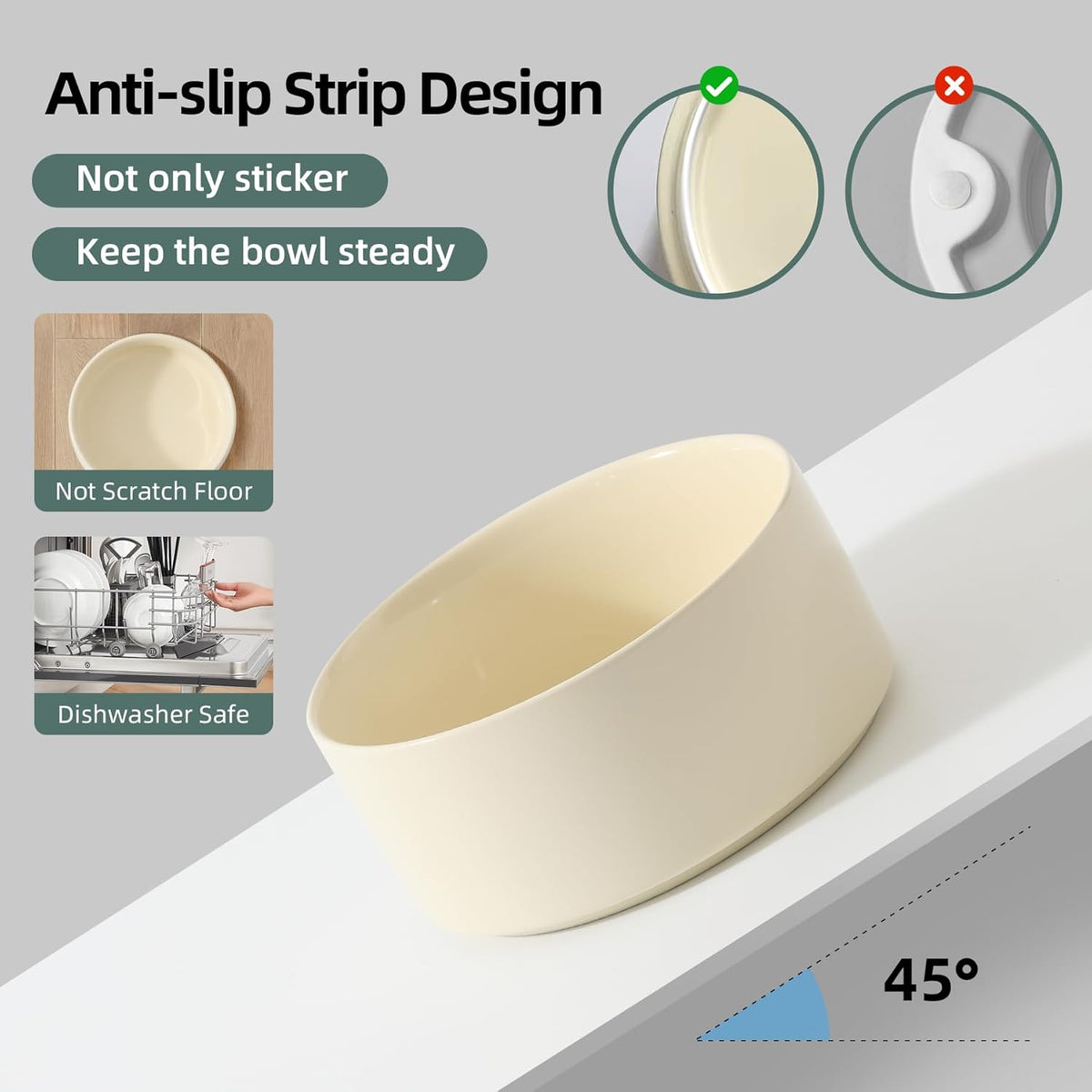 Ceramic 8.2inch Dog Bowl for Large-Breed Dogs, Anti-Slip and Weighted Pet Food and Water Bowl (Single Bowl - Beige)