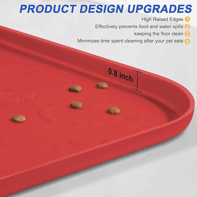 Silicone Pet Feeding Mat with Raised Edge for Food and Water, Dog Bowl Mats, Cat Bowls Placemat with High Lip for Floor Waterproof, Rubber Tray for Cats and Dogs 24 x 16 x0.8 Red