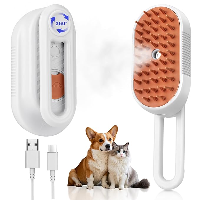 Steam Brush for Cat & Dog – 3-in-1 Spritz Pet Spray Hair Removal Comb for Grooming & Shedding Steam – Water Brush for Long & Short Haired Pets