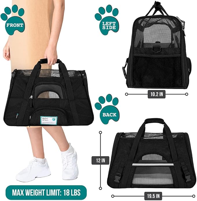 PetAmi Airline Approved Pet Carrier for Cat, Soft Sided Dog Carrier for Small Dogs, Cat Travel Supplies Accessories for Indoor Cats, Ventilated Pet Carrying Bag Medium Large Kitten Puppy, Large Black