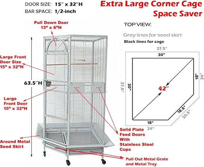64" Extra Large Corner Bird Flight Breeding Wrought Iron Rolling Parrot Cage Side Solid Metal Plate Feed Doors Pull Out Removable Grate and Tray with Around Metal Seed Guard
