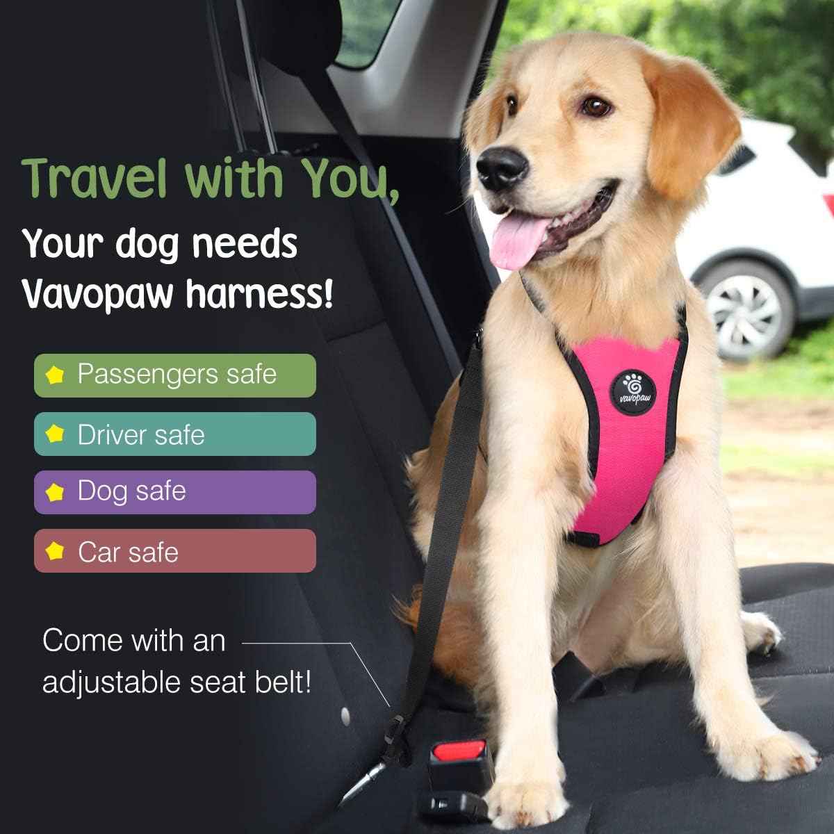 Dog Seat Belt, Safety Vest Dog Car Harness with Adjustable Buckle Dog Seat Belt for Vehicle Nylon Pet Safety Seat Belts Heavy Duty(L, Magenta)