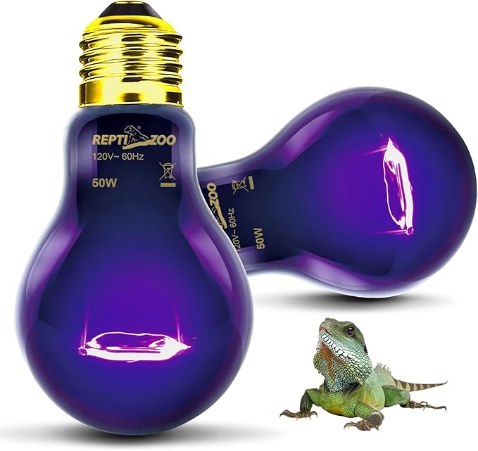 REPTI ZOO 2PCS Reptile Night Heat Lamp, 50W Moonlight Heat Bulb Infrared Heating Light Purple Reptile Heat Lamp Night Bulb for Bearded Dragon, Lizard, Snake, Turtle