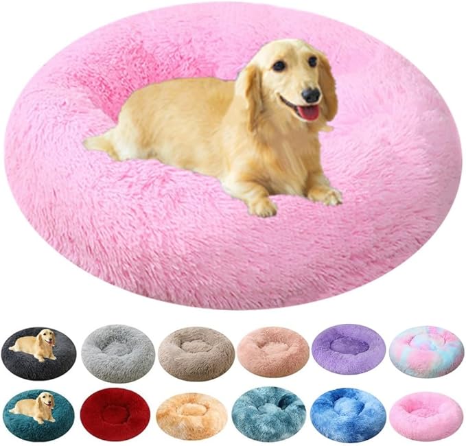 Calming Small Dog Bed & Cat Bed, 16 Inch Donut Fluffy Anti-Anxiety Round Bed Washable Cute Bed, Cuddler Warming Cozy Soft Bed, Plush Cushion Bed for Small Medium Dogs and Cats (Bright Pink)