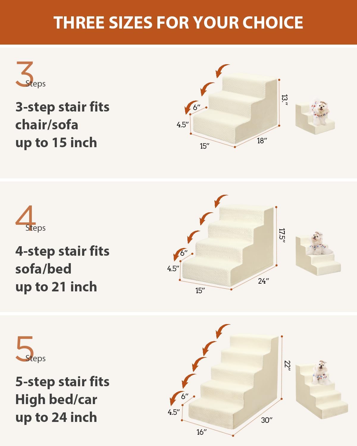 Dog Stairs for Small Dogs,13" H,3-Step Dog Steps for High Bed,Couch,Pet Stairs for Dogs and Cats Climbing with Non-Slip Bottom and Washable Cover,Beige