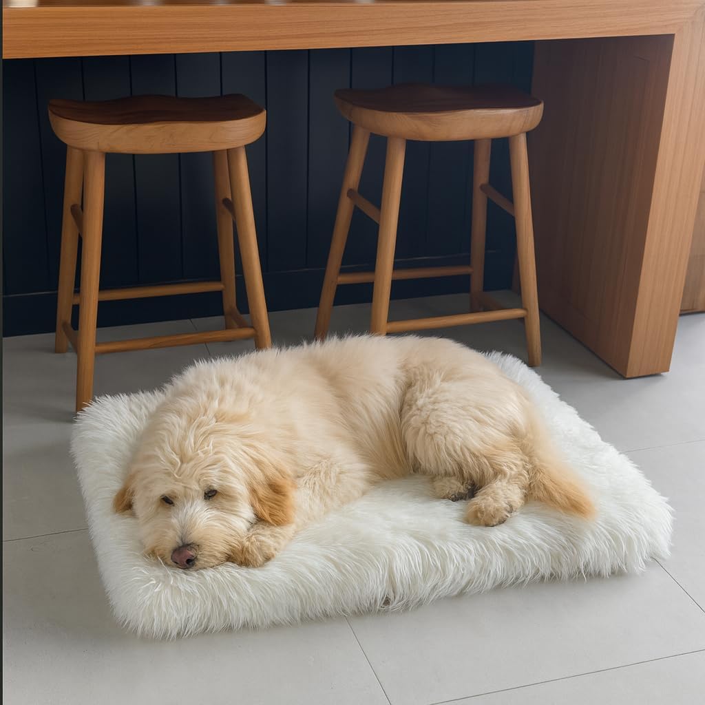 IHAPPYDOG Luxury Faux Fur Orthopedic Dog Beds, Memory Foam Crate Bed for Small, Medium, Large and XL Pets, Fluffy Pet Bed with Waterproof and Washable Cover, Fits Crates (White, 35" x 23")