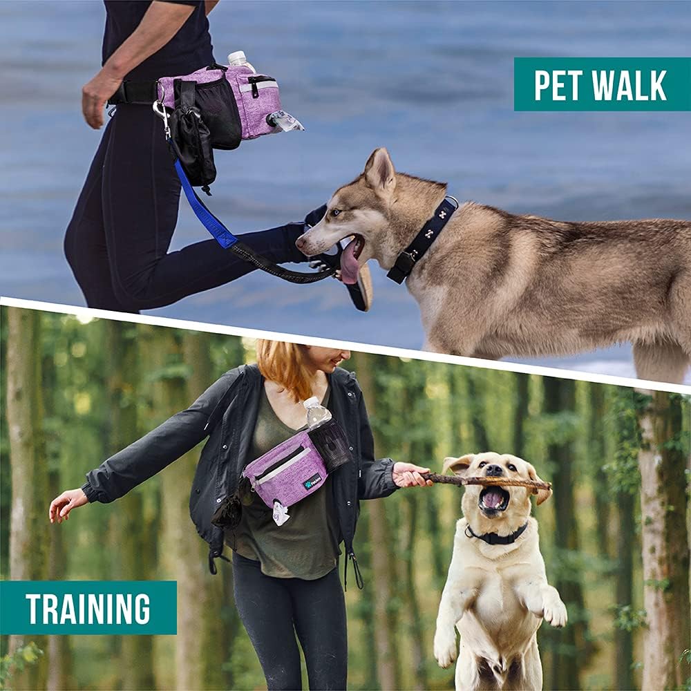 PetAmi Dog Fanny Pack, Treat Pouch for Dog Walking, Training, Built in Poop Bag Dispenser, Water Bottle Holder, Collapsible Bowl, Pet Treat Waist Belt for Hiking, Running, Kibbles (Purple)
