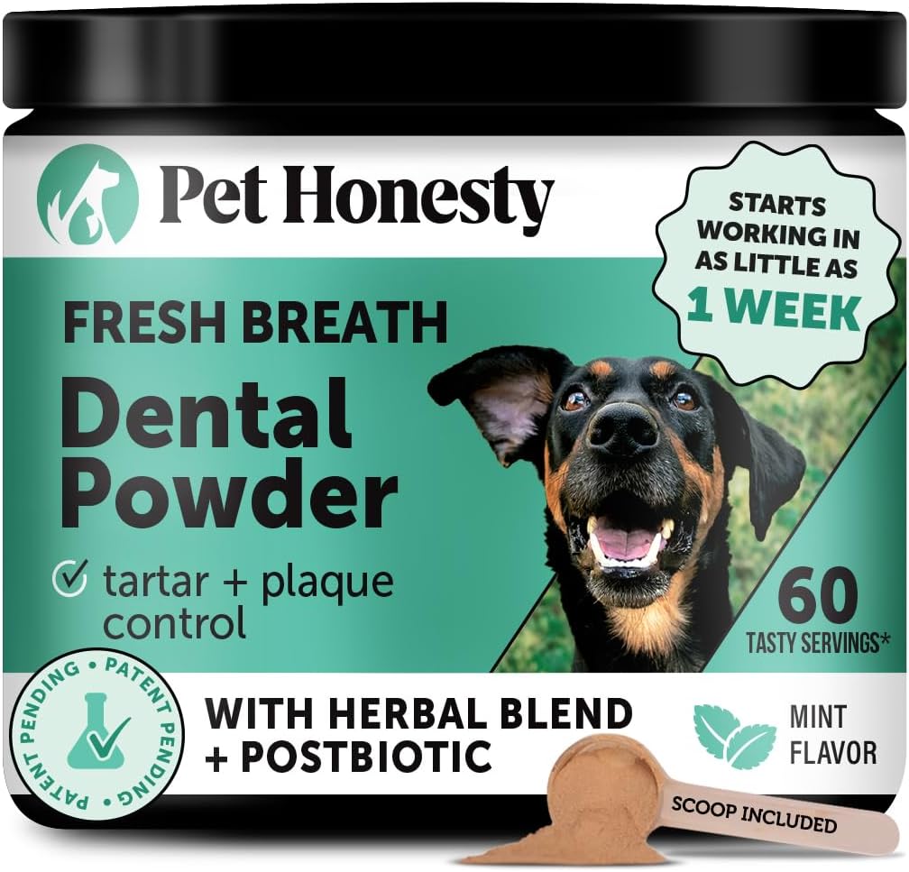 Dog Breath Freshener Dental Powder for Teeth Cleaning Plaque Off, Dental Care for Large Dogs, Tartar Remover for Teeth with Natural Herbal Blend + Postbiotics (Mint - 60 Servings)