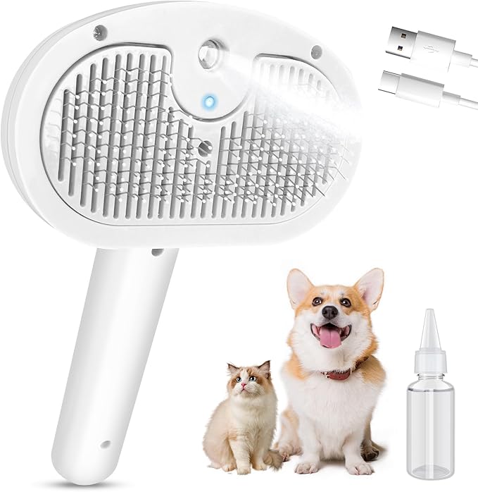 Steam Brush for Cats,4 in 1 Cat Steam Brush,Self-Cleaning Slicker Brushes for Dogs,Pet Spary Hair Removal Comb for Grooming Massage,Recharegable Cat Dog Hair Remover for Long&Short Haired Dogs White