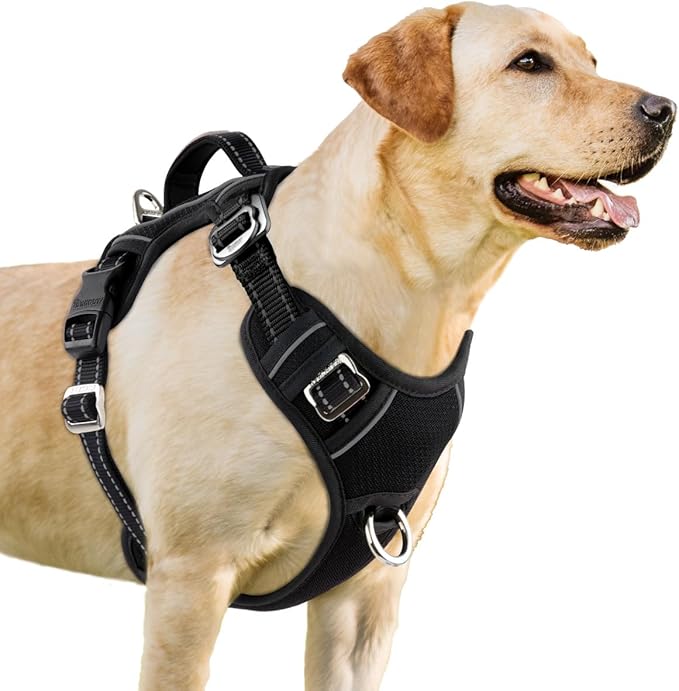 BARKBAY No Pull Dog Harness 3 Buckles Large Reflective Dog Harness with Front Clip and Easy Control Handle for Walking Training Running with ID tag Pocket(Black,M)