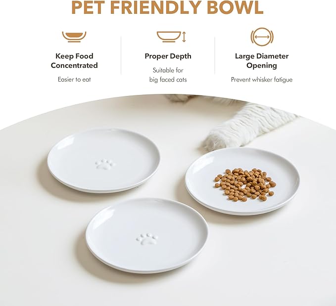 6.1'' Ceramic Wide Cat Dishes, Set of 3 Ceramic Cat Bowls, Indoor Kitten Feeding Wet & Dry Shallow Food Dish Anti Whisker Fatigue(3 Pcs, White)