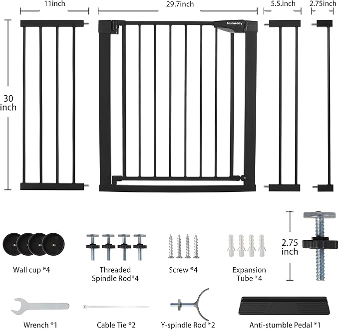 Mumeasy Baby Gate Extra Wide, 29.5-51'' Pressure Mounted Dog Gate with Walk Thru Door, Auto Close Pet Gate for House, Stairs, Doorways,Black