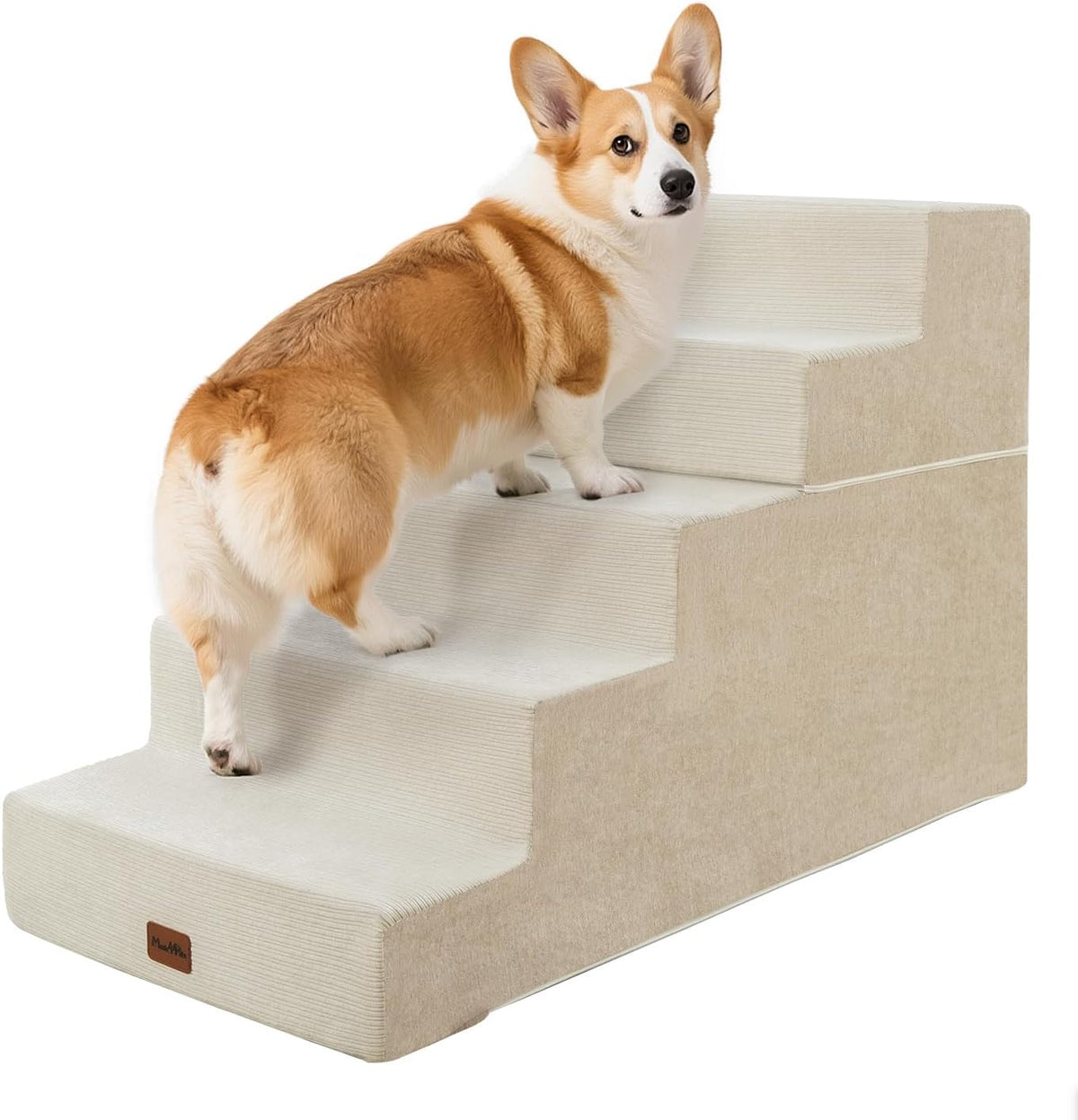 Made4Pets Dog Stairs for High Bed, Extra Wide Pet Stairs for Bed Couch Sofa, 35D Foam Pet Steps for Small Dogs and Cats, Non-Slip Bottom Dog Steps, Beige, 5 Steps