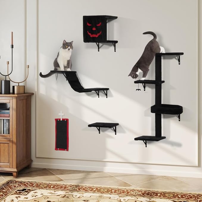 COZIWOW Wall-Mounted Cat Tree | Space-Saving Feline Furniture with Multiple Levels | Durable Scratch Post for Indoor Cats, Black&Red