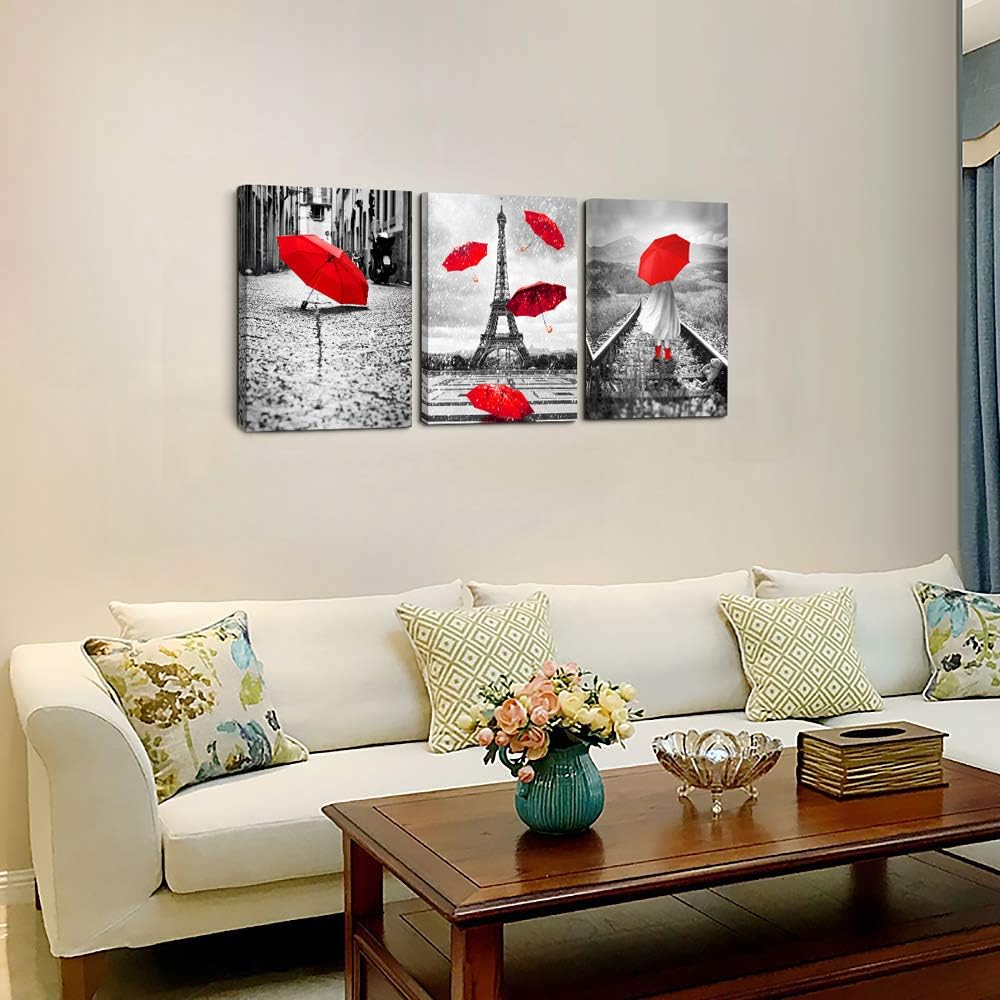 Black and white landscape Eiffel Tower 3 Piece Wall Art for Living Room Bathroom Decorations Kitchen Wall decor modern red umbrella Poster Canvas Print Office Bedroom Home Decoration wall paintings