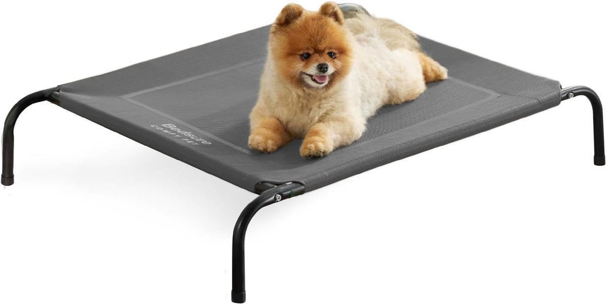 Bedsure Outdoor Elevated Dog Beds for Small Dogs, Portable Indoor & Outdoor Cooling Raised Cot Pet Hammock Bed with Skid-Resistant Feet, Frame with Breathable Mesh, Grey, 35 inches