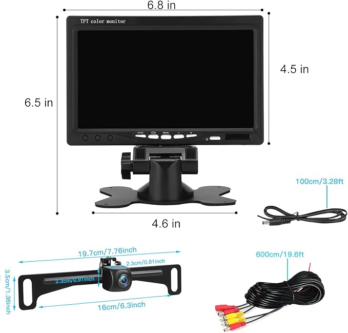 Kairiyard Backup Camera with 7 Inch Monitor, HD 1080P Reverse Rear View Camera Waterproof DIY Grid Lines No-Delay Wired License Plate Camera System for Truck Car SUV