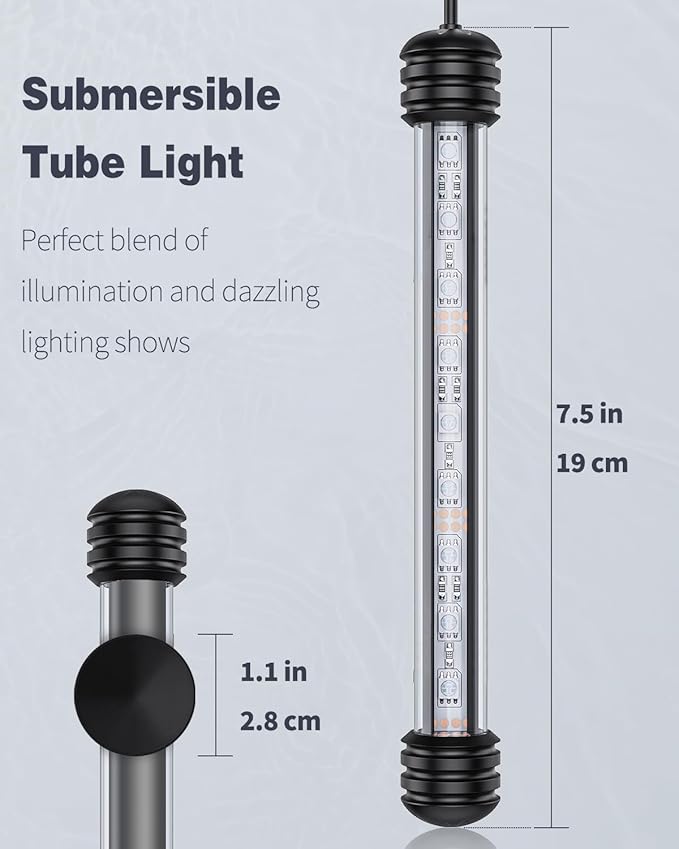 Pawfly 1.8 W Aquarium LED Light 7.5 Inch Underwater Fish Tank Light with Timer Auto On/Off Fish Tank Background Light with 8 Lighting Modes Submersible Multi-Colored Tube Light for Decoration