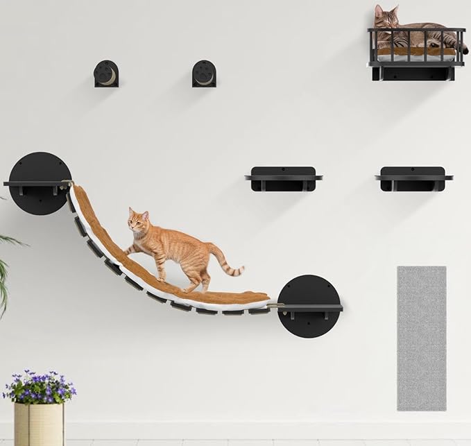 FURRY VIBES Cat Wall Shelves & Perches – 7-in-1 Cat Wall Furniture Set with Bed, Climbing Steps, Scratcher & Bridge Ladder – Black Bamboo Wall Cat Shelf for Indoor Cats