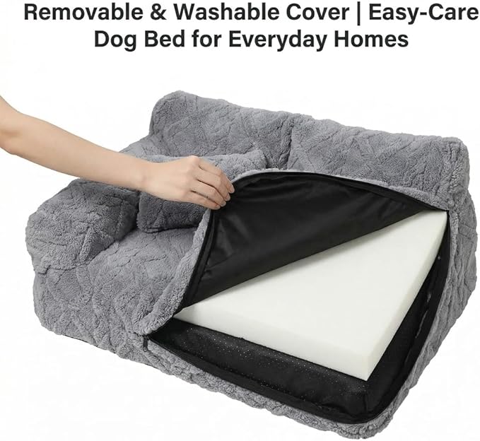 Plush Calming Pet Sofa Bed, Raised Rim, Removable Cover & Non-Slip Bottom for Cats & Dogs, Calming Dog Bed Fluffy Plush Dog Mat for Furniture Protector with Removable Washable Cover (Beige, Medium)
