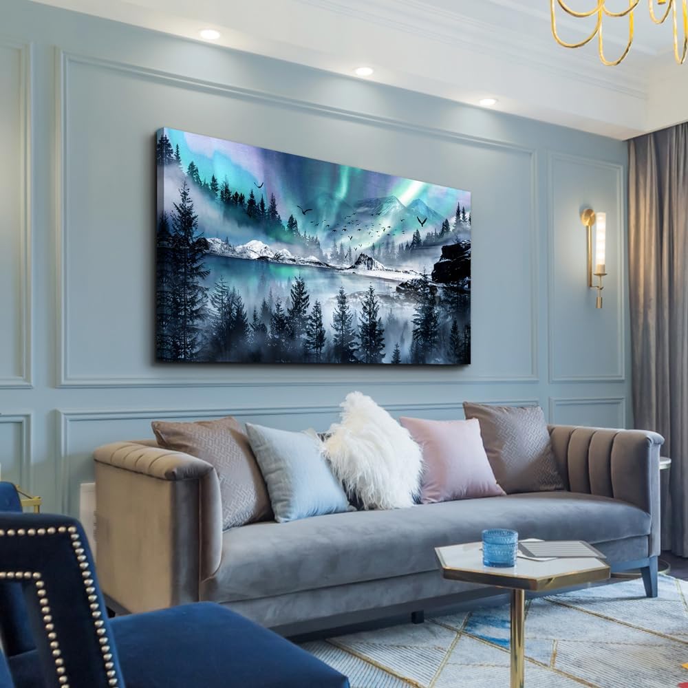 hyidecorart Canvas Wall Art For Living Room Large Wall Decorations For Office Stretched And Framed Canvas Prints Paintings Blue Aurora Scenery Pictures Artwork Ready To Hang Hotel Mural Wall Decor
